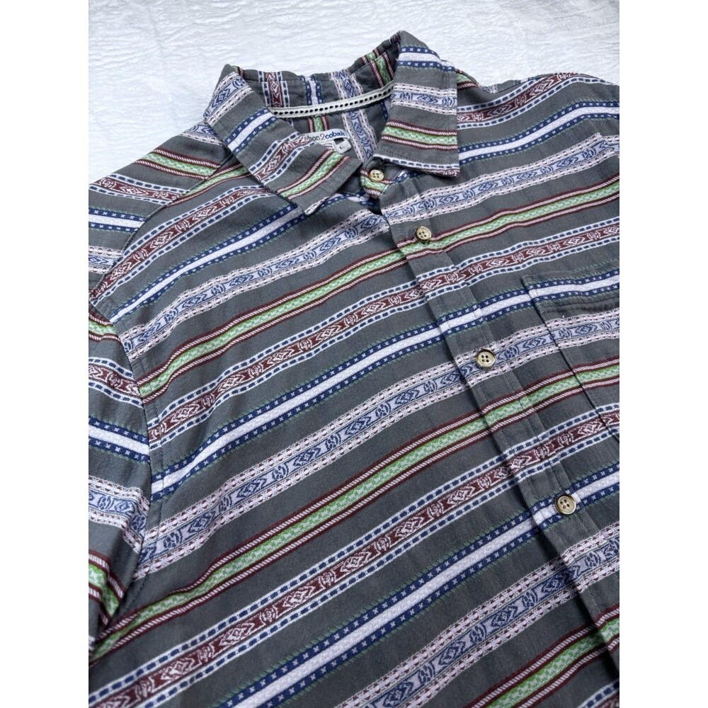 Carbon 2 Cobalt Mens Large Gray Striped Short Sleeve Cotton Button Down Shirt